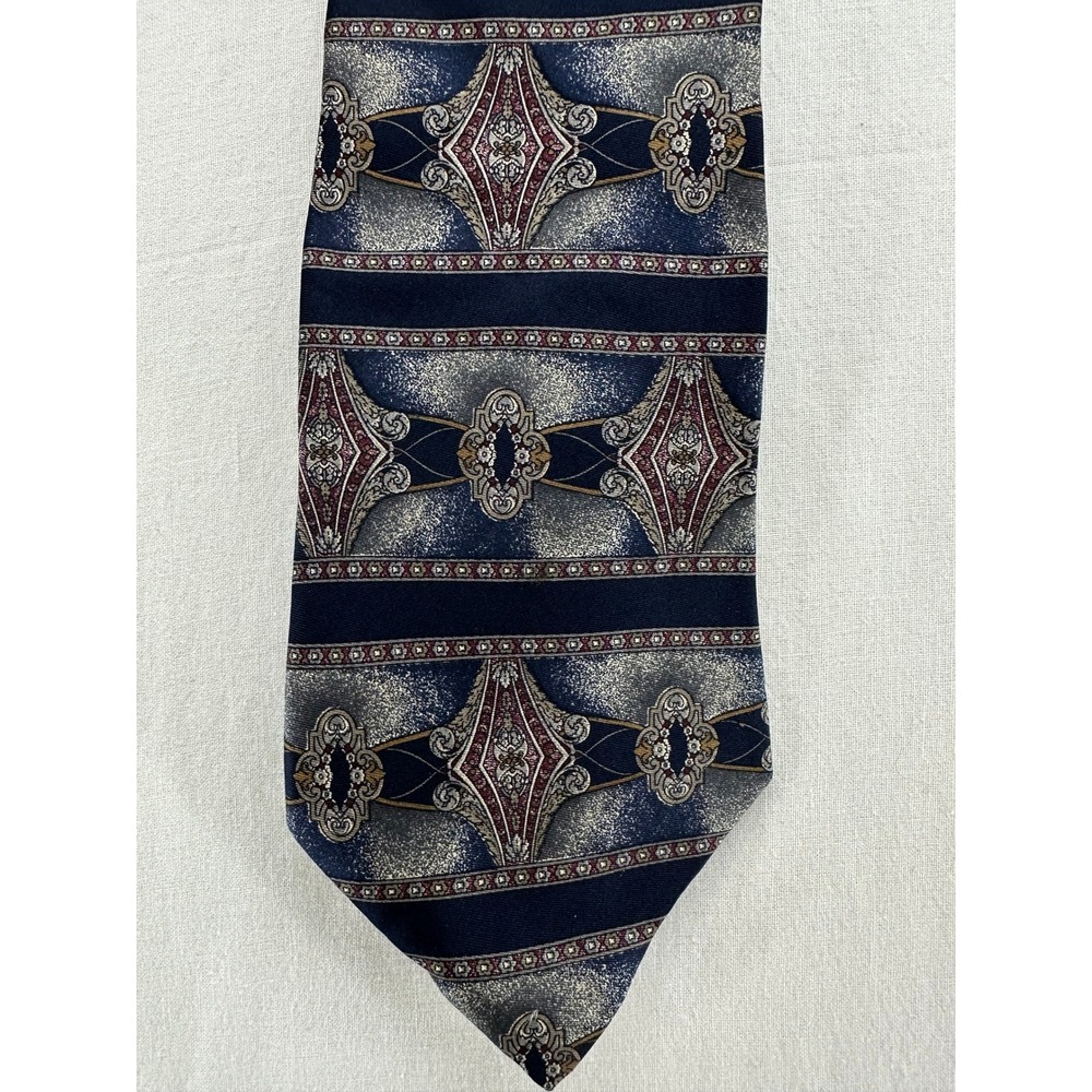 Don Loper Beverly Hills Mens Silk Tie Navy Blue Silver Geometric Medallion Italy